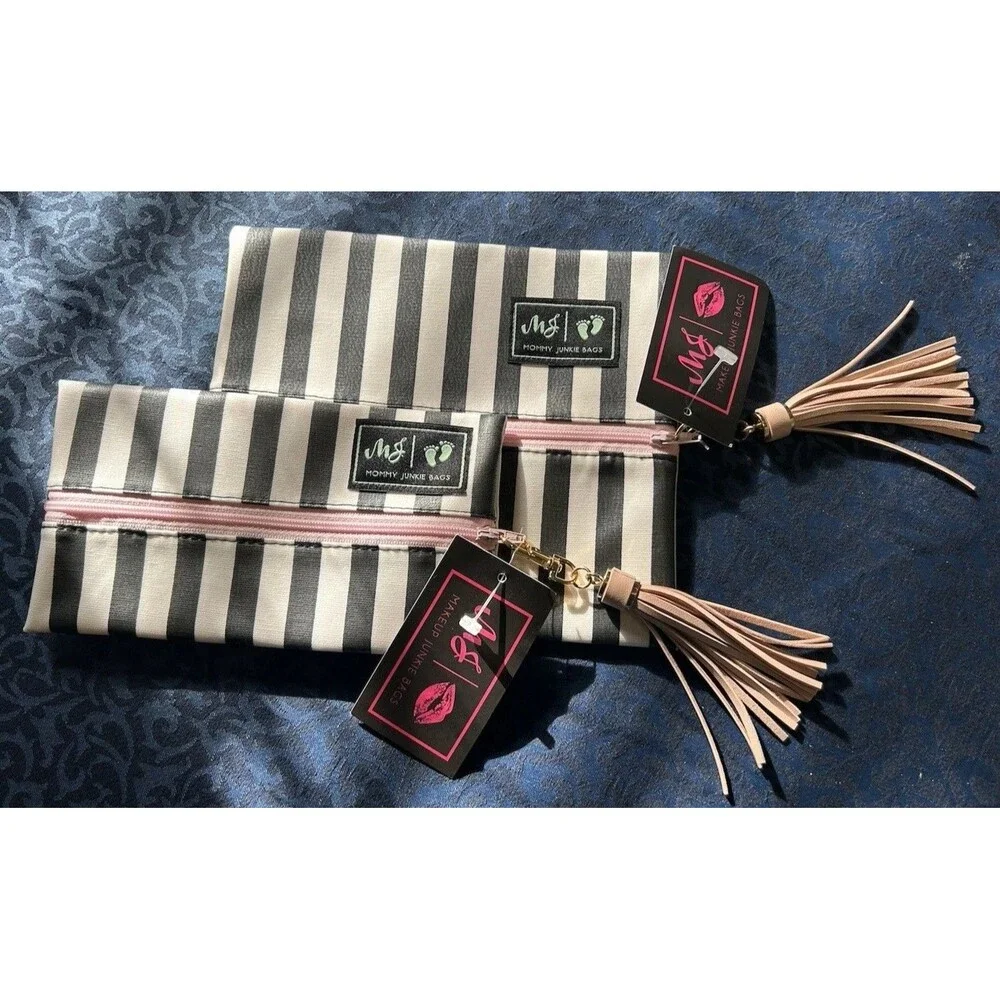 Set Of 2 Makeup Mommy Junkie Bags - Black And White Stripe - Zippered - Vinyl